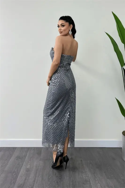 Full Beaded Fabric Strapless Evening Dress - GRAY - 5