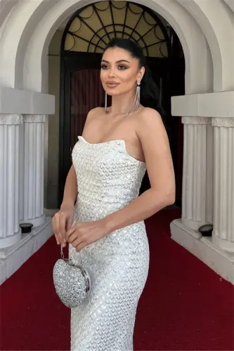 Full Beaded Fabric Strapless Evening Dress - WHITE - 3