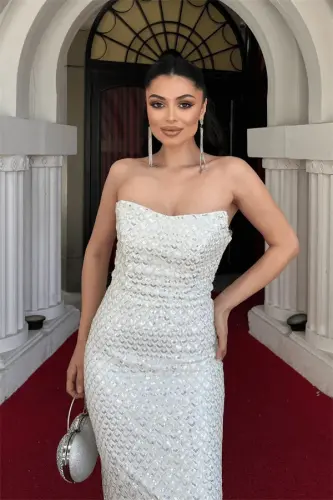 Full Beaded Fabric Strapless Evening Dress - WHITE - 4