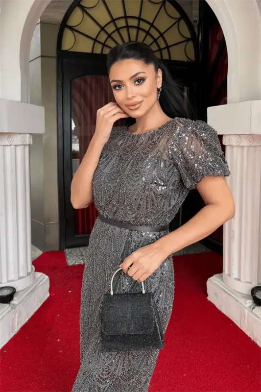 Full Beaded Pen Dress - GRAY - 4