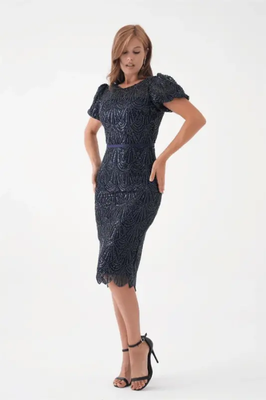 Full Beaded Pen Dress - NAVY BLUE - 2
