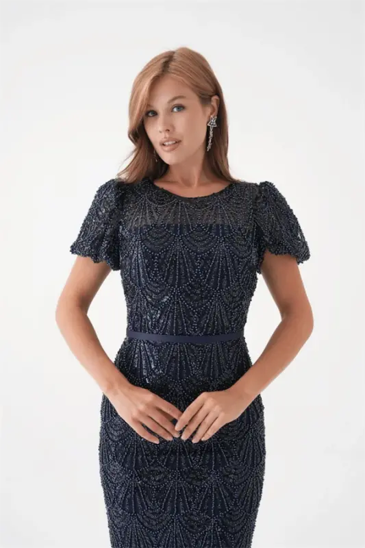 Full Beaded Pen Dress - NAVY BLUE - 3