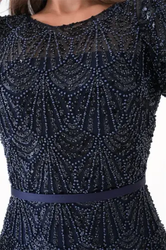 Full Beaded Pen Dress - NAVY BLUE - 4