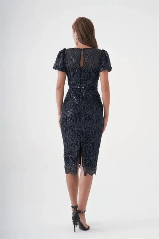 Full Beaded Pen Dress - NAVY BLUE - 5