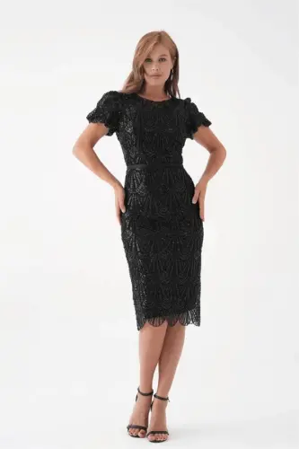 Full Beaded Pencil Dress - BLACK - 1