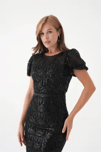 Full Beaded Pencil Dress - BLACK - 3