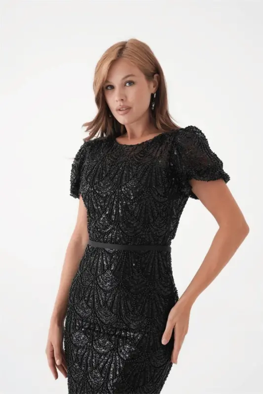 Full Beaded Pencil Dress - BLACK - 3