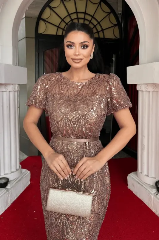 Full Beaded Pencil Dress - COPPER - 3