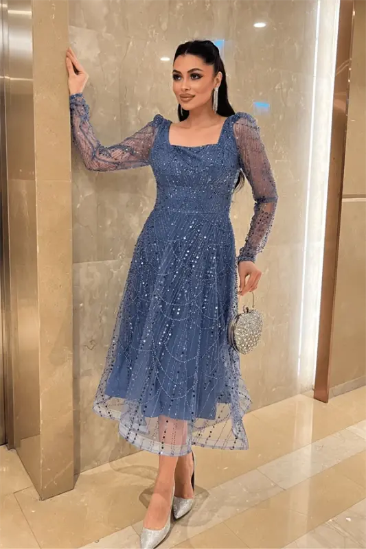 Full Beaded Square Neck Midi Dress - INDIGO BLUE - 4