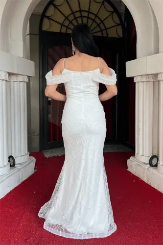 Full Boncuk Kumaş Kayık Yaka Balık Abiye Elbise - BEYAZ - 5