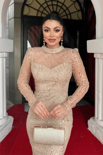 Full Boncuklu Kumaş Balık Abiye Elbise - GOLD - 3