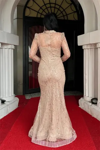 Full Boncuklu Kumaş Balık Abiye Elbise - GOLD - 5