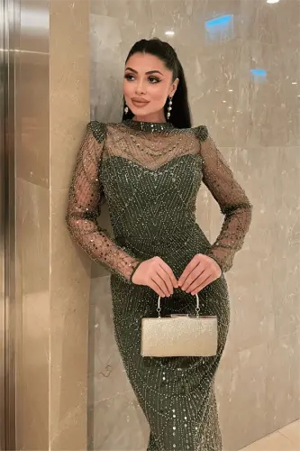 Full Boncuklu Kumaş Balık Abiye Elbise - HAKİ YEŞİLİ - 3