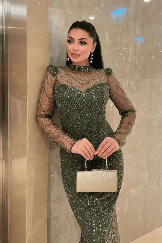 Full Boncuklu Kumaş Balık Abiye Elbise - HAKİ YEŞİLİ - 3