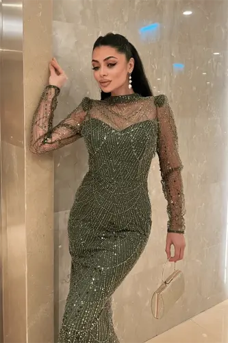 Full Boncuklu Kumaş Balık Abiye Elbise - HAKİ YEŞİLİ - 4