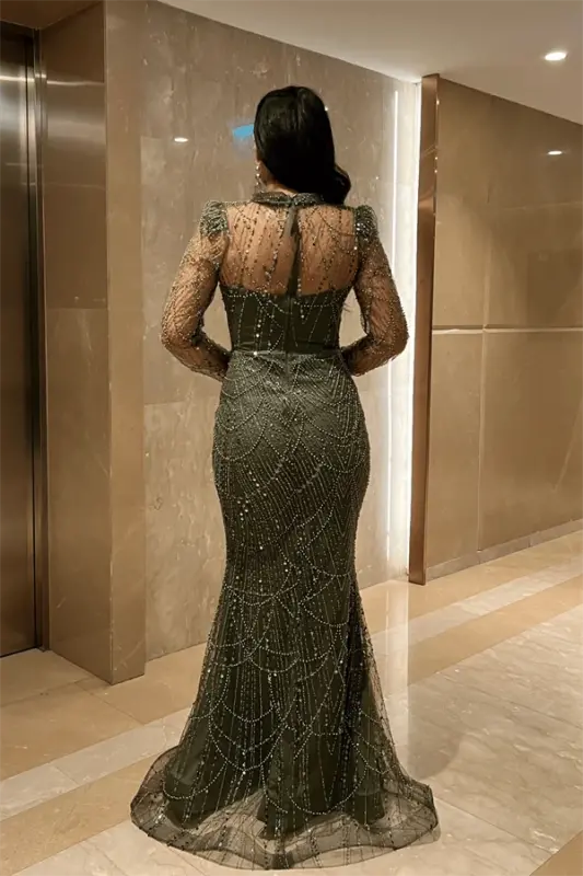 Full Boncuklu Kumaş Balık Abiye Elbise - HAKİ YEŞİLİ - 5