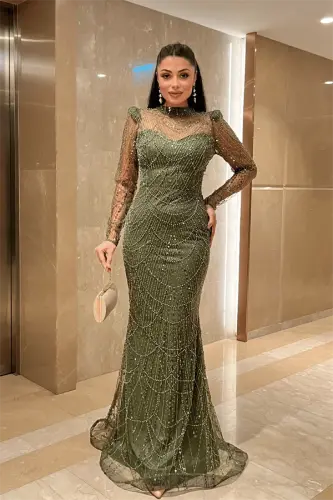 Full Boncuklu Kumaş Balık Abiye Elbise - HAKİ YEŞİLİ - BÜYÜKBEDENIZ (1)