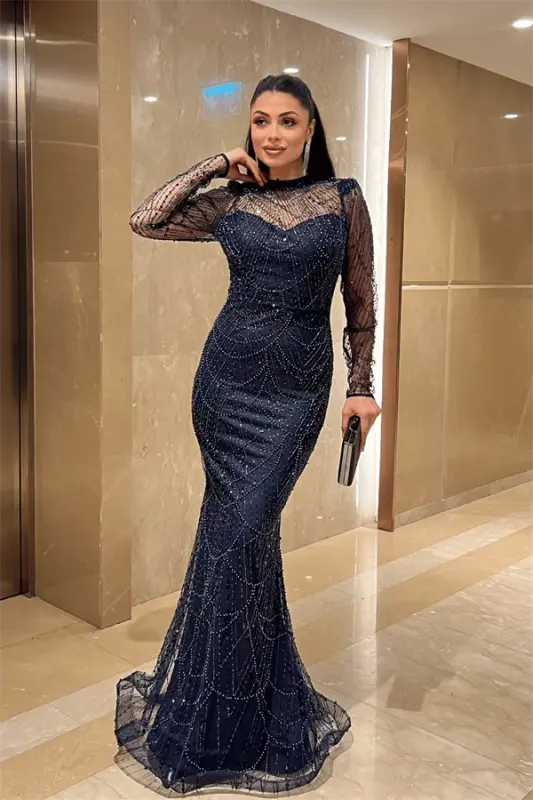 Full Boncuklu Kumaş Balık Abiye Elbise - LACİVERT - BÜYÜKBEDENIZ