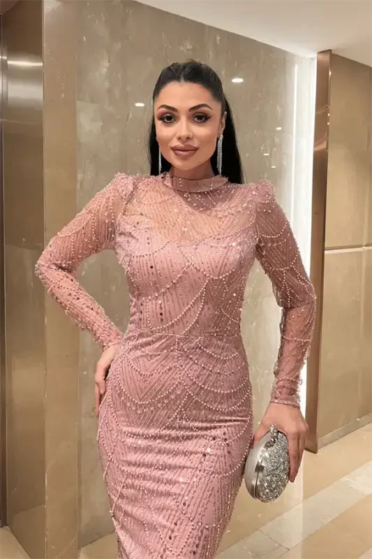 Full Boncuklu Kumaş Balık Abiye Elbise - PUDRA - 3