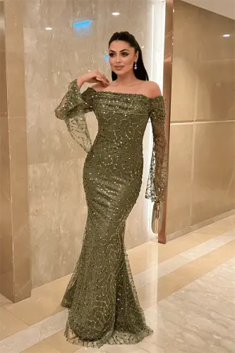 Full Boncuklu Kumaş Kayık Yaka Abiye Elbise - HAKİ YEŞİLİ - 1