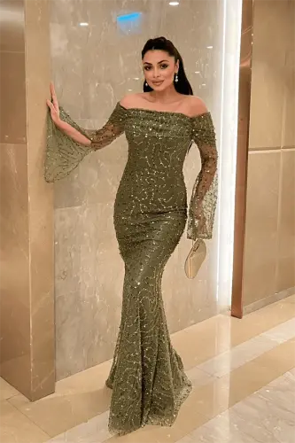 Full Boncuklu Kumaş Kayık Yaka Abiye Elbise - HAKİ YEŞİLİ - 2