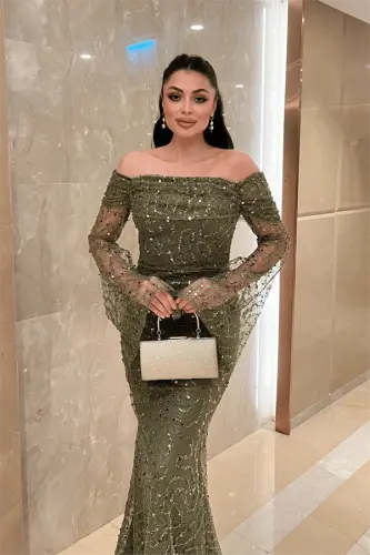 Full Boncuklu Kumaş Kayık Yaka Abiye Elbise - HAKİ YEŞİLİ - 3