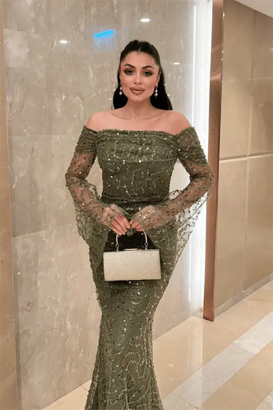 Full Boncuklu Kumaş Kayık Yaka Abiye Elbise - HAKİ YEŞİLİ - 3