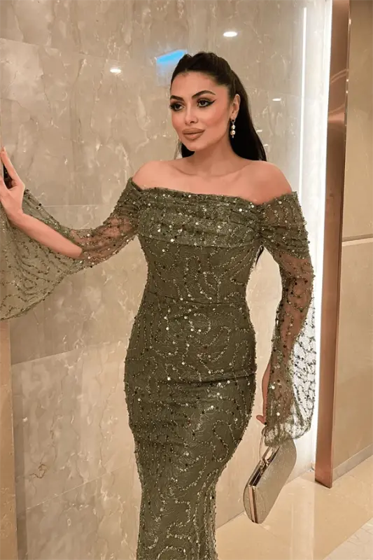 Full Boncuklu Kumaş Kayık Yaka Abiye Elbise - HAKİ YEŞİLİ - 4