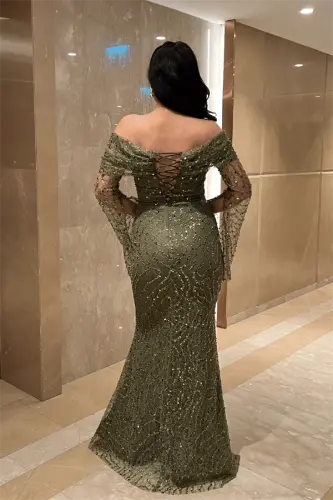 Full Boncuklu Kumaş Kayık Yaka Abiye Elbise - HAKİ YEŞİLİ - 5