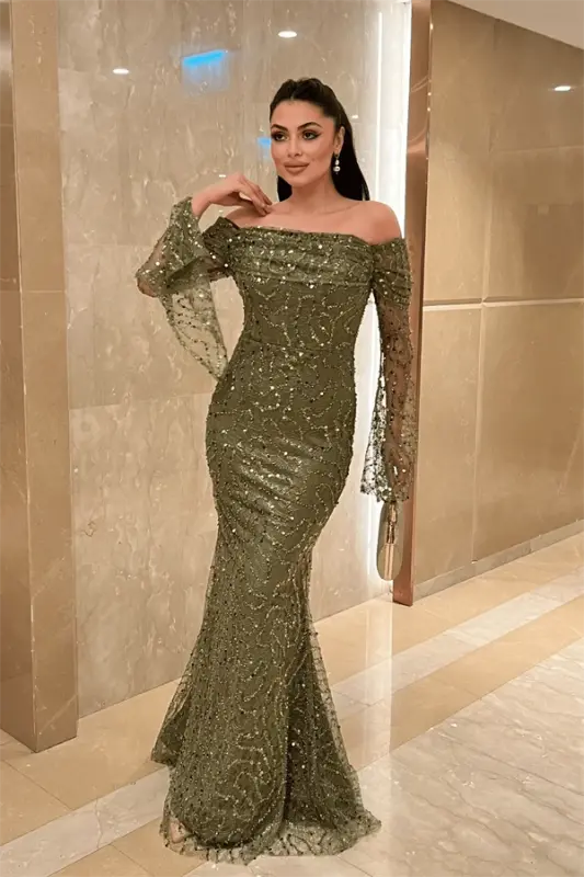 Full Boncuklu Kumaş Kayık Yaka Abiye Elbise - HAKİ YEŞİLİ - BÜYÜKBEDENIZ