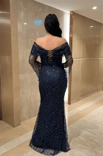 Full Boncuklu Kumaş Kayık Yaka Abiye Elbise - LACİVERT - 5