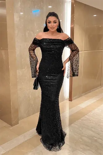 Full Boncuklu Kumaş Kayık Yaka Abiye Elbise - SİYAH - BÜYÜKBEDENIZ (1)