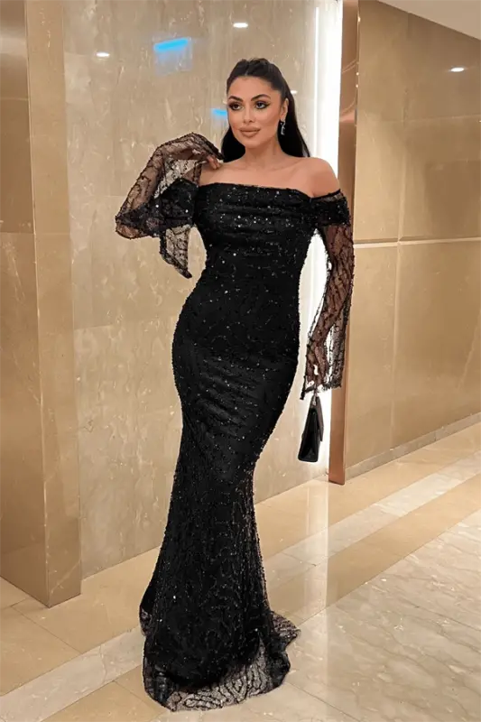 Full Boncuklu Kumaş Kayık Yaka Abiye Elbise - SİYAH - 1