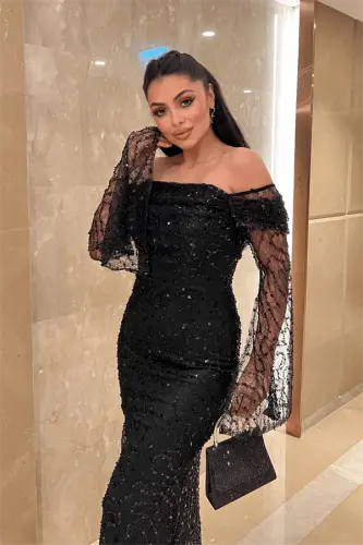 Full Boncuklu Kumaş Kayık Yaka Abiye Elbise - SİYAH - 3