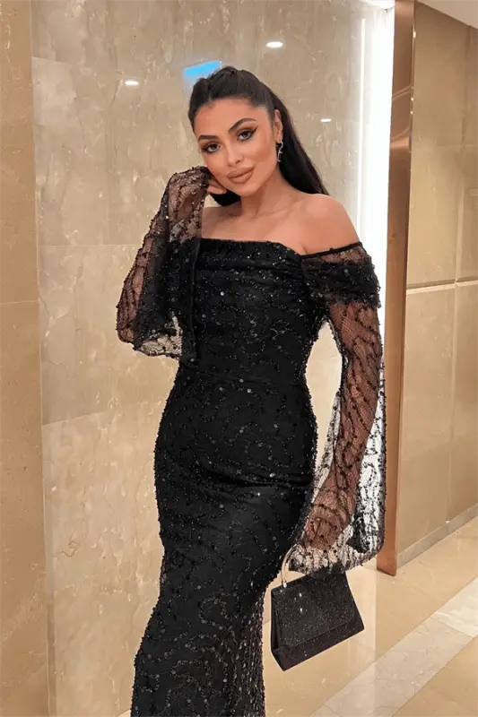 Full Boncuklu Kumaş Kayık Yaka Abiye Elbise - SİYAH - 3