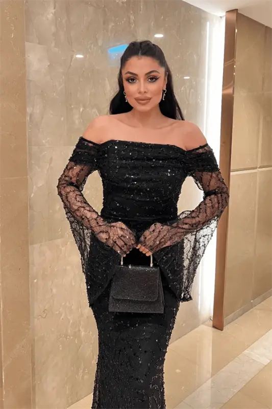 Full Boncuklu Kumaş Kayık Yaka Abiye Elbise - SİYAH - 4