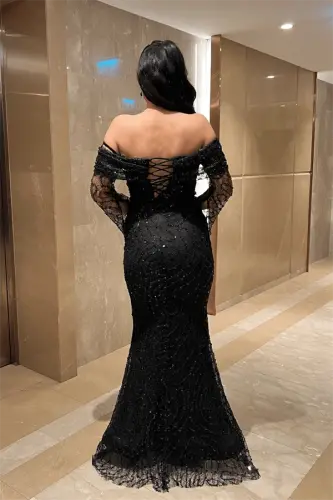 Full Boncuklu Kumaş Kayık Yaka Abiye Elbise - SİYAH - 5