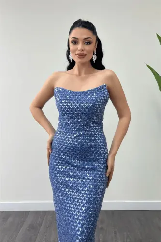 Full Boncuklu Kumaş Straplez Abiye Elbise - İNDİGO MAVİ - 3