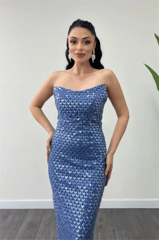 Full Boncuklu Kumaş Straplez Abiye Elbise - İNDİGO MAVİ - 3