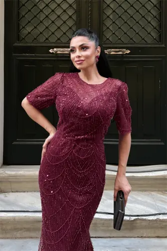 Full Boncuklu Kumaş Tasarım Elbise - BORDO - 4