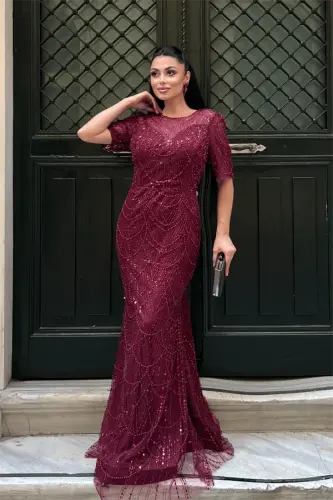 Full Boncuklu Kumaş Tasarım Elbise - BORDO - 1