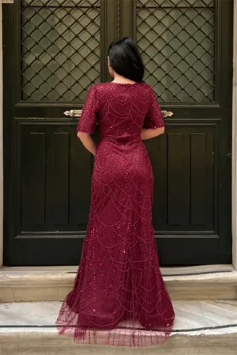 Full Boncuklu Kumaş Tasarım Elbise - BORDO - 5