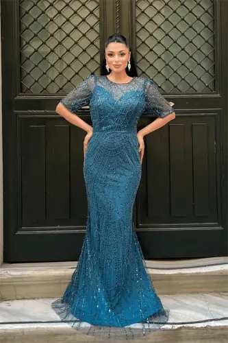 Full Boncuklu Kumaş Tasarım Elbise - TURKUAZ - 1