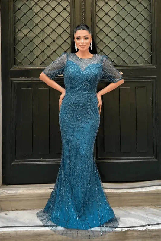 Full Boncuklu Kumaş Tasarım Elbise - TURKUAZ - 1