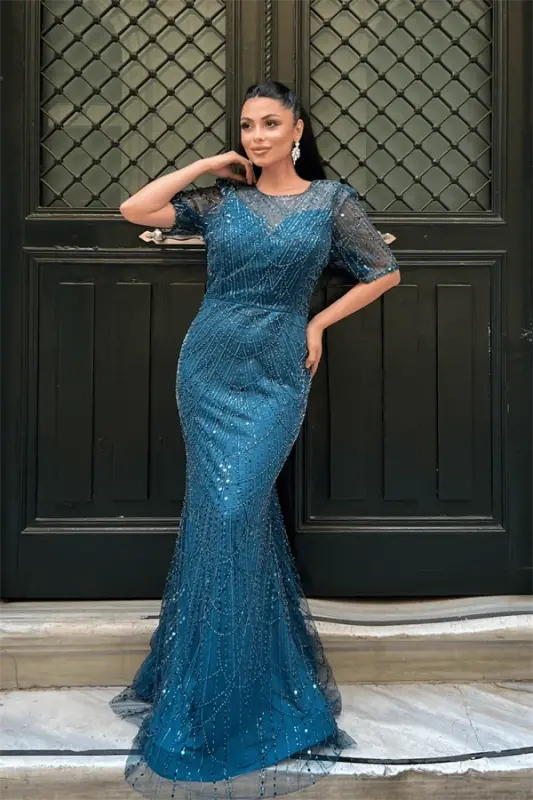 Full Boncuklu Kumaş Tasarım Elbise - TURKUAZ - 3