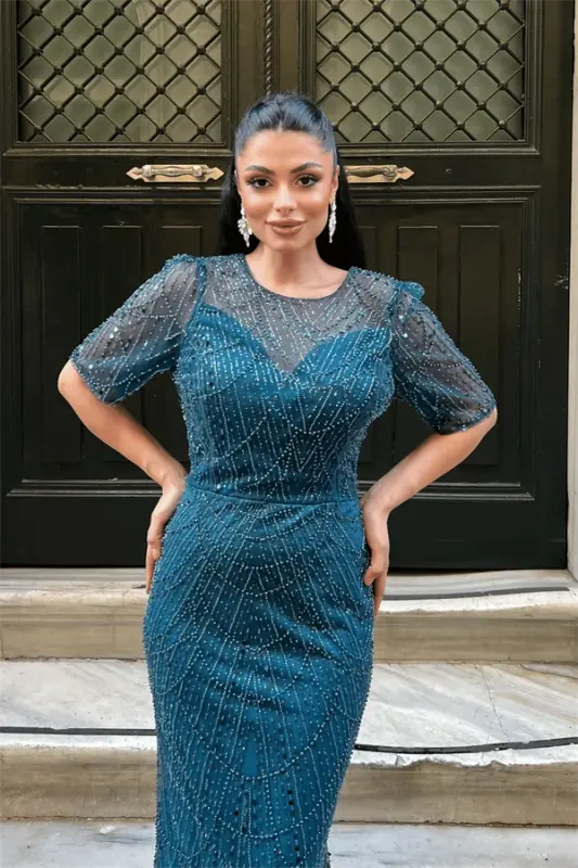 Full Boncuklu Kumaş Tasarım Elbise - TURKUAZ - 4