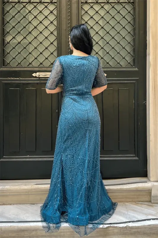 Full Boncuklu Kumaş Tasarım Elbise - TURKUAZ - 5