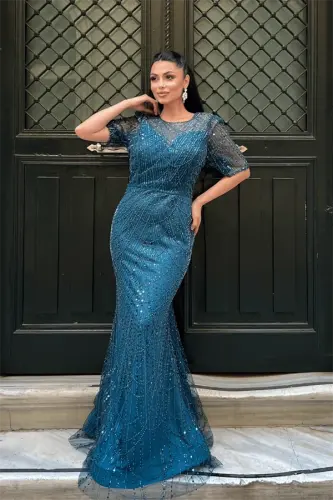 Full Boncuklu Kumaş Tasarım Elbise - TURKUAZ - BÜYÜKBEDENIZ (1)