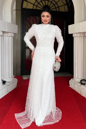 Full Boncuklu Tesettür Elbise - BEYAZ - 1