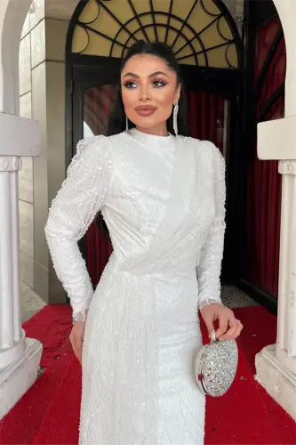 Full Boncuklu Tesettür Elbise - BEYAZ - 3